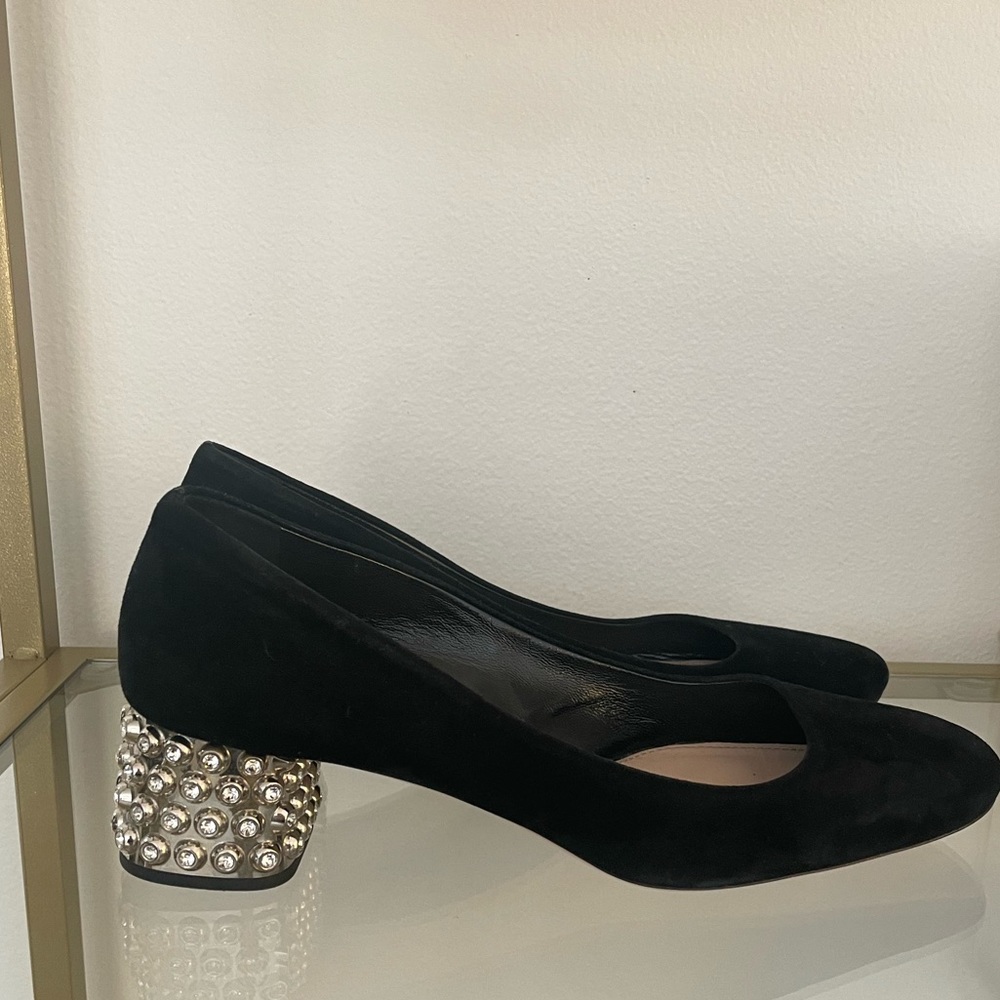 MIU MIU Womens Black Suede Crystal Block Heel Pumps 40/9-9.5- Very Very Nice - Picture 1 of 8